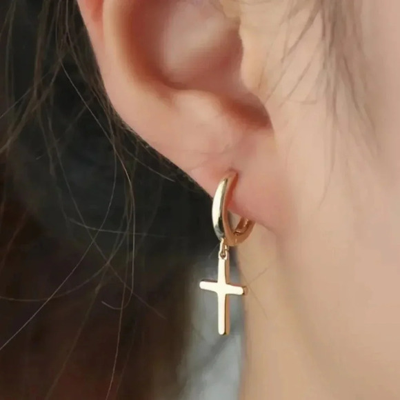 Gold Plated Hoops with Cross Drop Charm - NEW - Picture 2 of 3